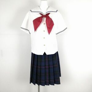 1円 セーラー服 チェックスカート 上下3点セット 大きいサイズ トンボ 夏物 青2本線 女子 福岡宗像城山中学 白 中古 ランクC NA0710