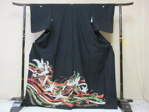 1円 良品 正絹 着物 留袖 縮緬 和装 比翼付 束ね熨斗 鶴 扇子 冠婚葬祭 高級 袷 身丈160cm 裄66cm【夢職】★★★