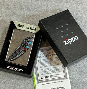 ■新品 ZIPPO ネイティブ アメリカン ターコイズ インディアン フェザー 羽 イーグル 鷹 ライター ジッポー 喫煙具 メタル貼り U30