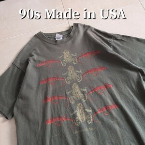 90s USA製　AMPHIBIOUS ARGYLE　アート　爬虫類　Tシャツ シングルステッチ XL　カーキ　Diana Dee Tyler