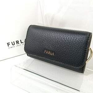 A Φ【商品ランク:A】 美品 フルラ FURLA ロゴメタル ゴールド金具 レザー 本革 3つ折り 4連 キーケース 鍵入れ ブラック 黒系