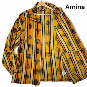 未使用級◎Lサイズ位 アミナコレクション【圧倒的なデザイン】Amina 総柄 ジップアップ サマー ジャケット ブルゾン イエロー 薄手◎メンズ