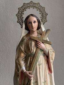 十字架と棕梠を持つ聖女 フィーナ像 高 75cm グラスアイ 宗教彫刻 芸術 1940年 スペイン カトリック アンティーク/J116