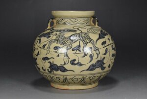 ◆古寳堂◆元 黑青花 瑞獣紋 雙系罐 古陶瓷品 極細工 古置物 古擺件 中国古美術 時代物 古董品
