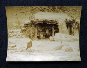 J.F.ミレー 版上サイン入 積雪の鶏小屋? 銀塩写真 裏ボストン美術館印入サイズ約17.1x22.5cm表面銀色析出多有 経年黄ばみ等有1920年頃か? 