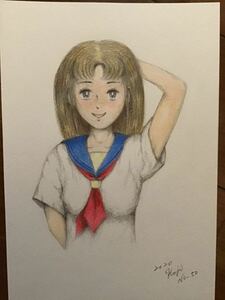 手書きイラスト・セーラー服の少女　NO .50 ★鉛筆　色鉛筆　ボールペン　★画用紙　★サイズ16.5×11.5㎝　★新品