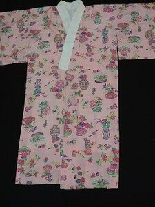 モスリン 子供長襦袢女の子 袷 ピンク 花瓶柄 丈119.3cm 中古 kona21★喜香★