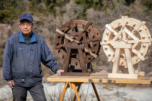 【木曽ひのき】手作り水車 直径60cm 白木 天然ひのき材使用 ヒノキ 檜 手造り 置物 アンティーク