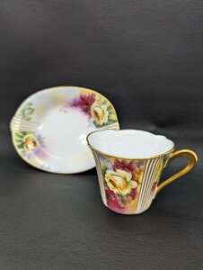 1円～！未使用【Noritake ダイアモンドコレクション ハンドペイント カップ＆ソーサー】ノリタケ ブランド 金彩 煙突マーク 花柄 手描き