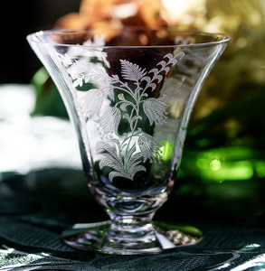 1940年代 ティフィン クリスタル フクシア エッチング オイスター リキュールグラス 酒 吟醸 日本酒 バーグラス ビンテージ