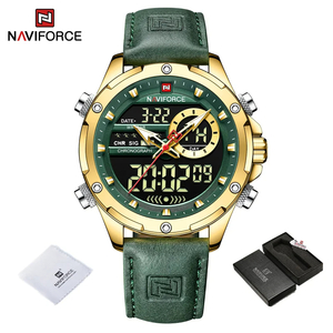 Naviforce メンズ クオーツ 腕時計 9208 高品質 カジュアル スポーツ クロノグラフ ウォッチ レザー バンド 時計 ゴールド × グリーン