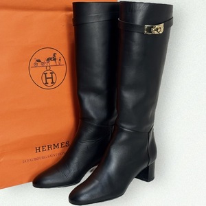 美品☆人気モデル☆HERMES エルメス STORY ストーリー ケリー金具 ロングブーツ 黒 金 ブラック ゴールド GD金具 BOOTS ヒール KELLY