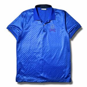 極美品 MARK&LONA スカル スワロフスキー 襟 ロゴ 総柄 ゴルフ ポロシャツ 半袖 50 XL ブルー 大きいサイズ マークアンドロナ