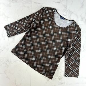 美品 BURBERRY バーバリー チェック柄Tシャツ ノバチェック 七分袖カットソー トップス レディース ブラウン サイズM*NC1156