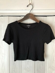 ◆TOPSHOP/トップショップ/黒のショート丈半袖カットソー/ストライプ◆p