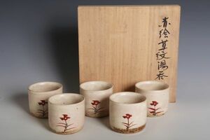 8351 伊藤東彦 赤絵草紋湯呑 5客(共木箱) 組杯 煎茶 茶道具 真作 福岡県 東京芸大 紫綬褒章 師:松井康成