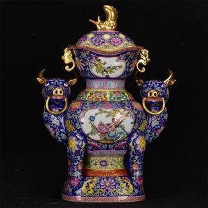 中国骨董品　官窯　陶器　清国時代　金彩 彩鳥双頭牛陶器花瓶