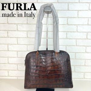 未使用☆フルラ FURLA クロコ型押しショルダーバッグ ブガッティバッグ 肩掛けOK 牛革 レザー