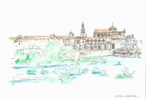 世界遺産の街並み・スペイン・コルドバ・グアダルキビール川とメスキータ・F4画用紙・水彩画原画