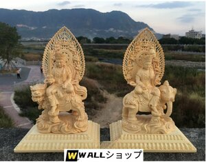 文殊菩薩像、普賢菩薩像 精密彫刻 木彫仏像 仏教美術 仏師手仕上げ品
