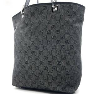 極美品/A4収納◎ グッチ GUCCI メンズ ビジネス トートバッグ GG柄 総柄 ロゴ刻印 キャンバス レザー 本革 ブラック 黒