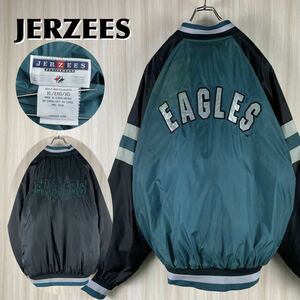 【入手困難】JERZEES NFL フィラデルフィア・イーグルス 刺繍ロゴ リバーシブル ジャケット スタジャン XL表記 ミッドナイトグリーン 古着