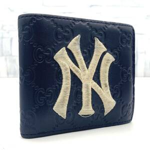 超希少●GUCCI New York Yankees グッチ ニューヨーク ヤンキース 二つ折り財布 パッチコイン ウォレット MLB コラボ シマ 刺繍 メンズ 1円