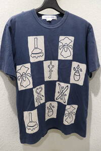 即決 2000年代初頭 COMME DES GARCONS SHIRT コムデギャルソンシャツ 和柄調 手書き風 アートプリント Tシャツ メンズ S 紺×ベージュ