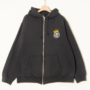 【1円スタート】STUSSY ステューシー 裏起毛フルジップスウェットパーカー フーディー ロゴプリント ストリート カジュアル 黒 ブラック M