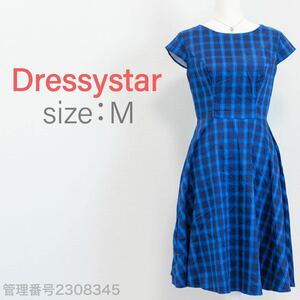 【送料無料】Dressystar(ドレッシースター)清楚系チェック柄　フレンチスリーブ　ひざ丈ワンピース　ブルー