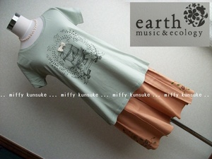 新品◆earth music&ecology 鳥カゴ柄とリボンのＴシャツ◆翡翠色