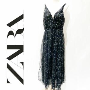 ZARA ザラ ドレス ワンピース ロング丈 キャミ チュール シースルー 装飾 パーティー お呼ばれ