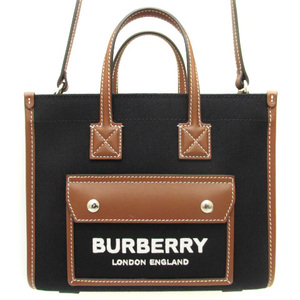 バーバリー BURBERRY フレヤ ミニ トート ハンド ショルダー バッグ 2Way キャンバス レザー ロゴ刺繍 黒 ブラック ブラウン 茶 鞄 カバン