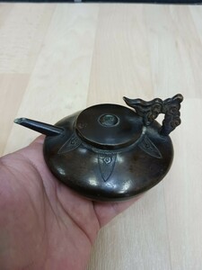 時代物　中国美術　古銅　銅製　水滴　取っ手雲　書道具