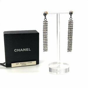 CHANEL シャネル ココマーク フリンジ ラインストーン ピアス ブラック シルバー 保管品 M8218