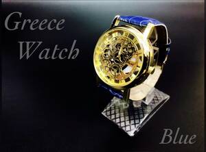 時計 腕時計 ギリシャ文字 アナログ メンズ クォーツ レザーベルト レザー スケルトン　ゴールド　ファッション時計 男女兼用　ブルー