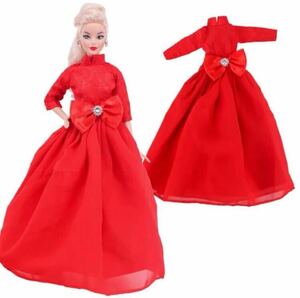 リボン付きの赤の長袖ドレスリカちゃん・バービーちゃん・ブライス・お人形さん用