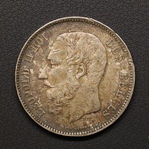 ヨーロッパコインKM#24/ベルギー レオポルド2世 5フラン大型銀貨（1868）[E1877]コイン、貿易銀、メキシコ　
