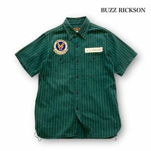 【BUZZ RICKSONZ】バズリクソン ヘリンボーンツイル ストライプ 半袖ワークシャツ ボタンダウンシャツ ワッペン US ARMY AIR FORCE (15)