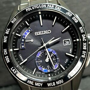 美品 SEIKO セイコー BRIGHTZ ブライツ SAGA179 腕時計 ソーラー 電波時計 アナログ 3針 カレンダー チタニウム メンズ ブラック×ブルー