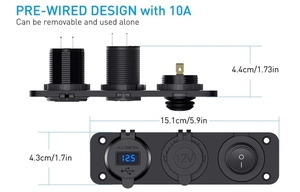 【新品】　埋込　シガーソケット　３穴用 ★ USB ( QC3.0 ) x２・DC12V ・ 電圧計 ★ 防水　３連　複数あり