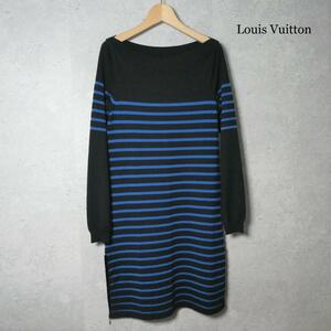 美品 Louis Vuitton ルイヴィトン サイズS ブルー×ブラック ニット ワンピース ボーダー柄 サイドジップ ボートネック 長袖 膝丈