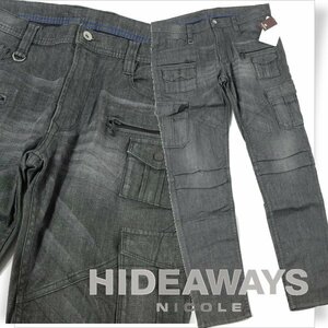 新品1円～★定価1.6万 HIDEAWAYS NICOLE ハイダウェイ ニコル 多ポケットカーゴパンツ 44 S ストレッチ ブラック デニム ◆1072◆