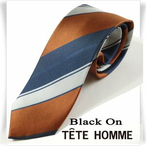 新品1円～★Black On TETE HOMME テットオム シルク絹100％ ネクタイ ストライプ レンガ ネイビー 正規店本物◆9600◆