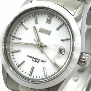 新品 MUSK ムスク 腕時計 ＭA-1218-03 クオーツ アナログ ラウンド ホワイト シルバー ウォッチ カレンダー 箱付 電池交換済み 動作確認済