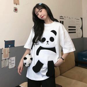 【新品】Lサイズ ホワイト パンダ 半袖 Tシャツ ビッグシルエット レディース