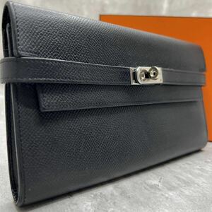 【希少品 極美品】エルメス HERMES 長財布 ケリーウォレット ロング エプソン レザー ターンロック シルバー金具 メンズ レディース 黒