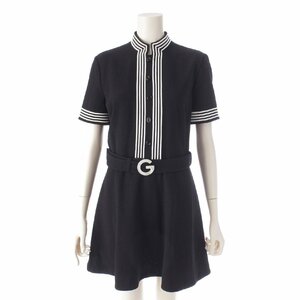 【グッチ】Gucci　Gベルト付き 半袖 ウール ワンピース ドレス 643352 ブラック 42 【中古】【正規品保証】199711