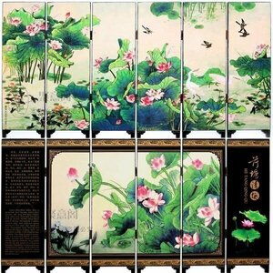 屏風風 絵画 中国語 漆塗り風 卓サイズ (ハスの池)