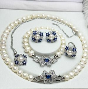 綺麗高級感タンザナイト×本真珠5点セット　8-9mm 42cm 17cm パールネックレス 真珠ネックレス 天然 jewelry Pearl necklace